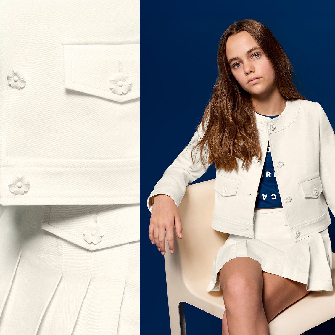 Scopri il completo in denim bianco dolce con giacca corta e gonna plissettata