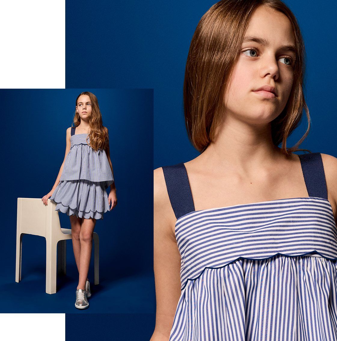 Scopri il look bambina con un top a righe e smerlato e la sua gonna abbinata