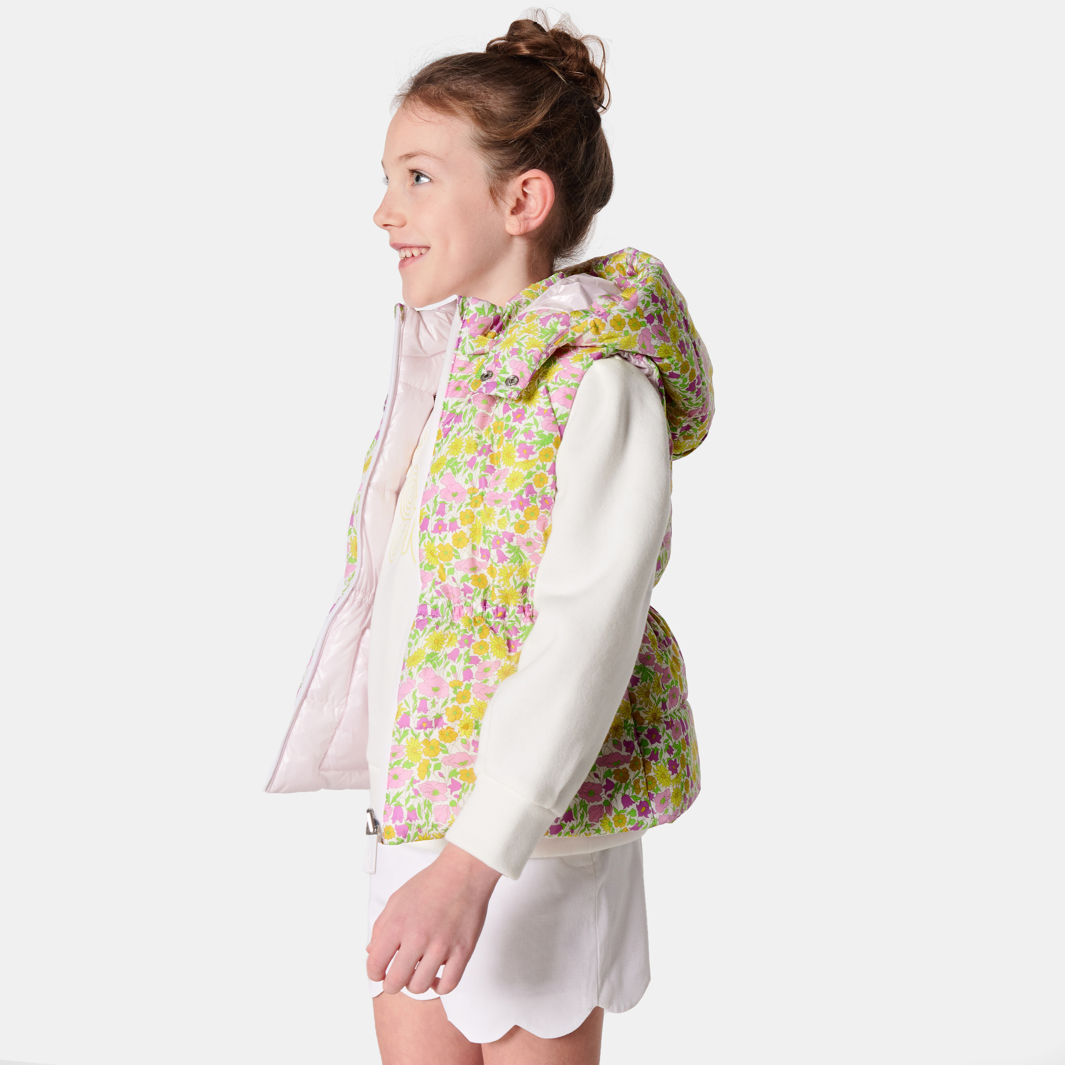 Piumino smanicato in tessuto Liberty bambina